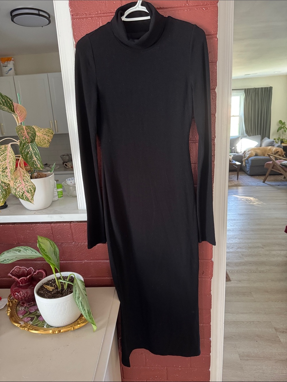 Alice + Olivia Long Sleeve Black Turtleneck Midi Dress with Split Hem Medium